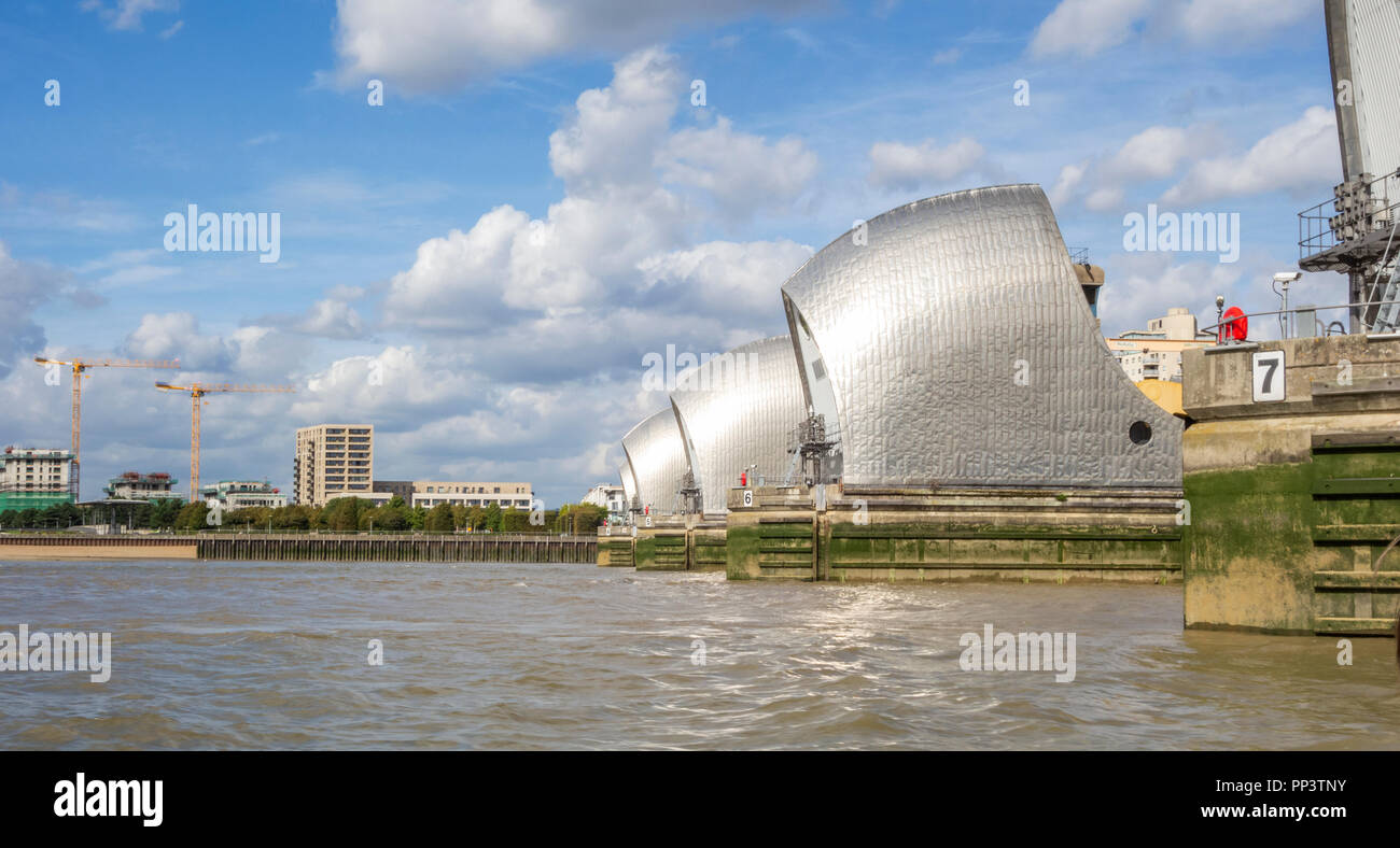Thames barrier seen from the river Thames, offering flood prevention to London and it's suburbs. Stock Photo