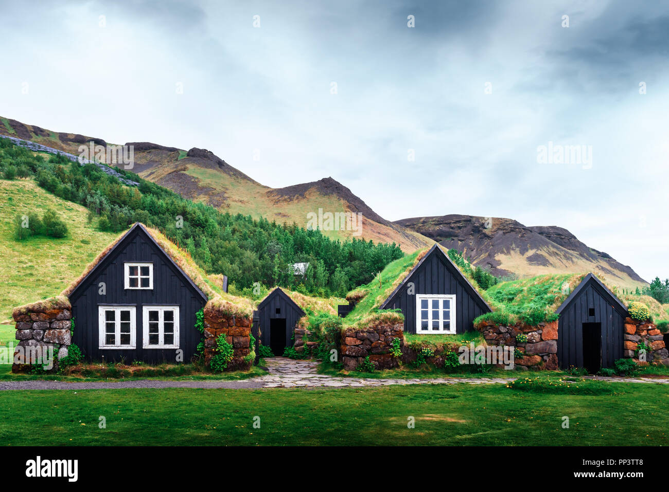 Traditional houses with grass on roof Stock Photo