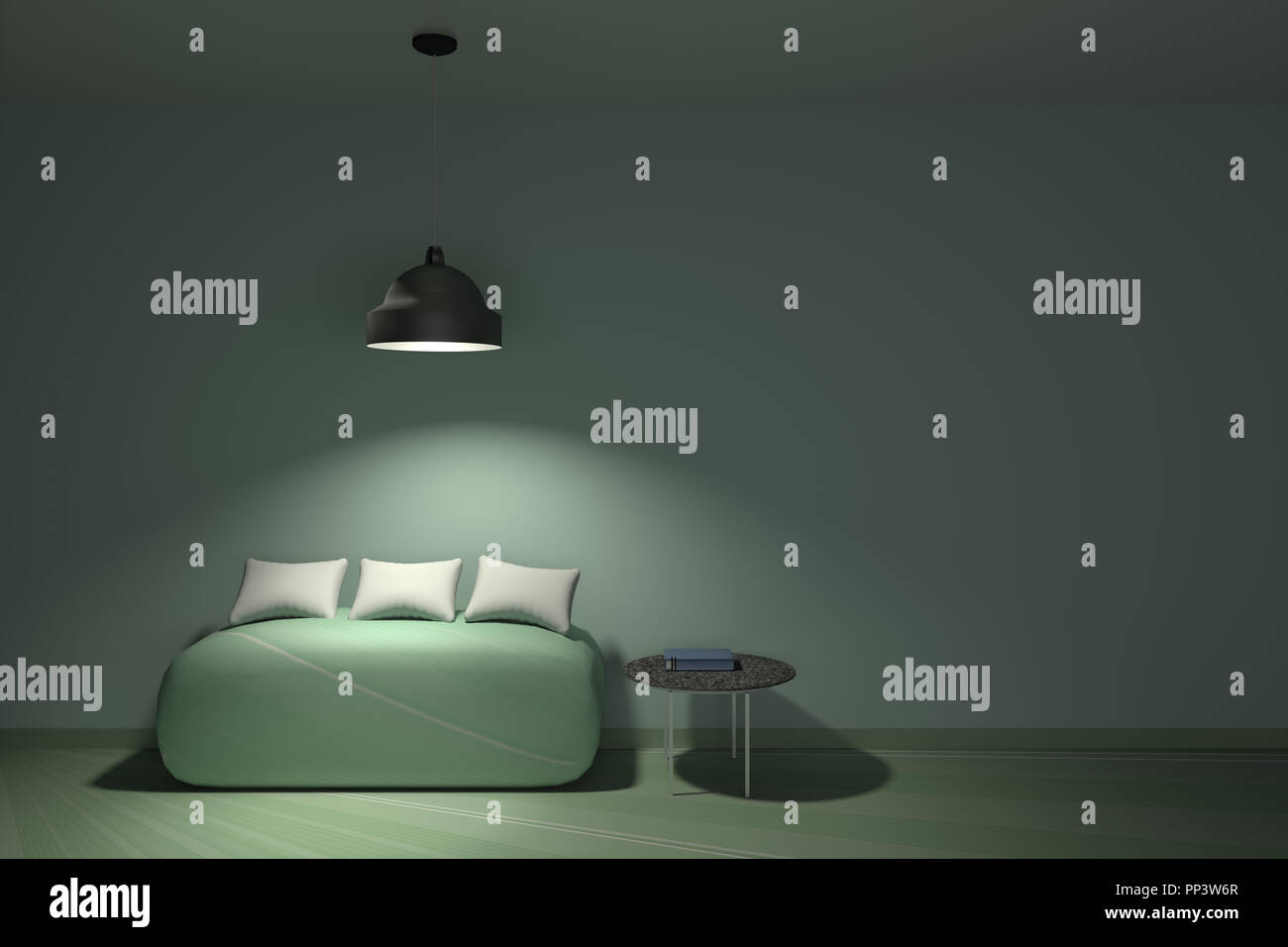 Living green room lamp above sofa and pillows 3D rendering Stock Photo