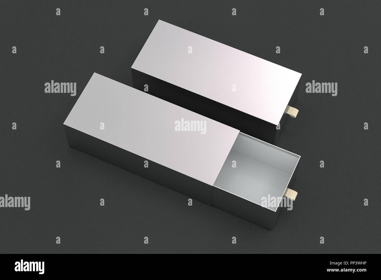 Silver Box Open Open and closed silver blank empty long boxes on black leather ...