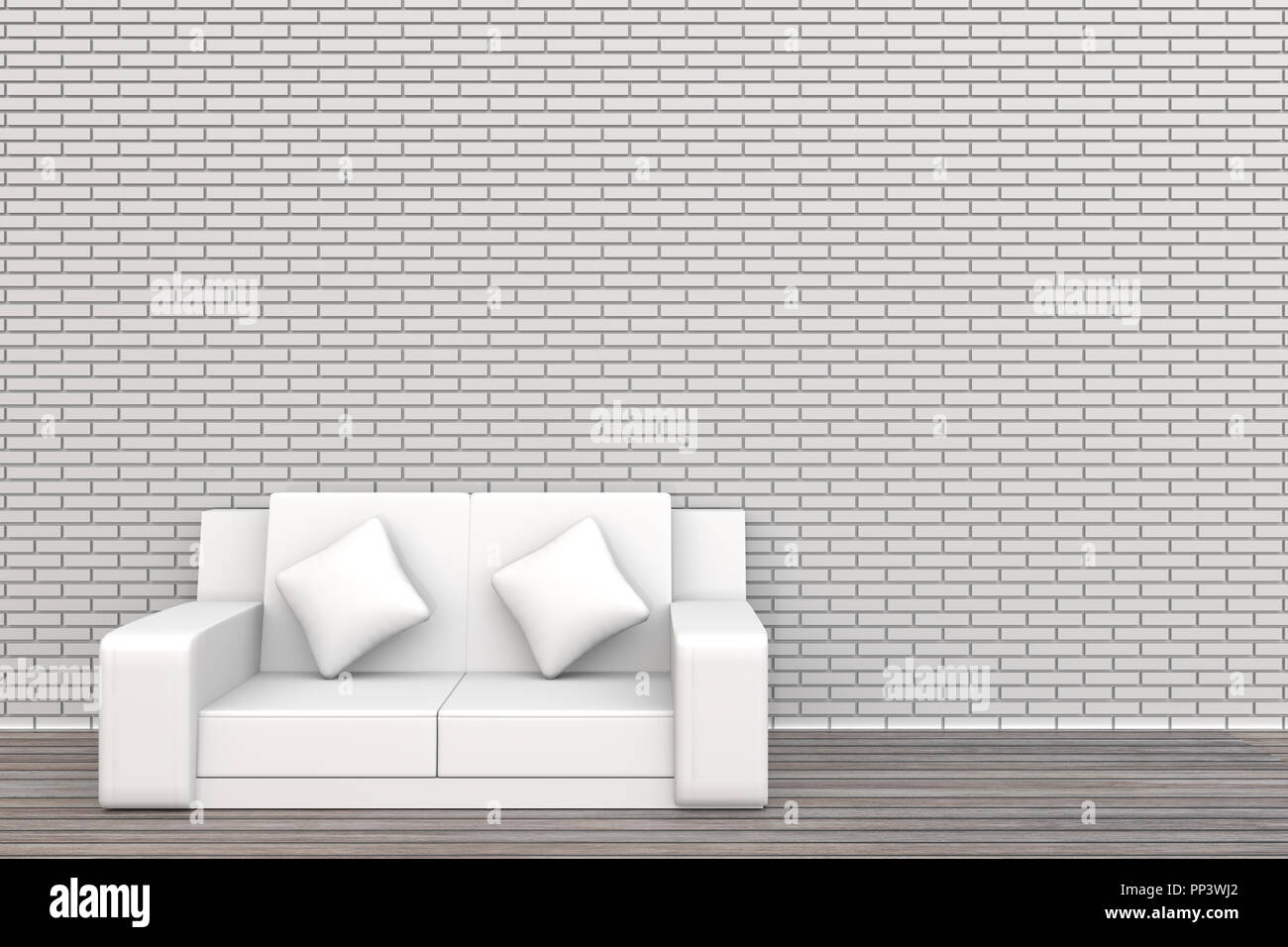3d white sofa brick wall and wood floor background Stock Photo