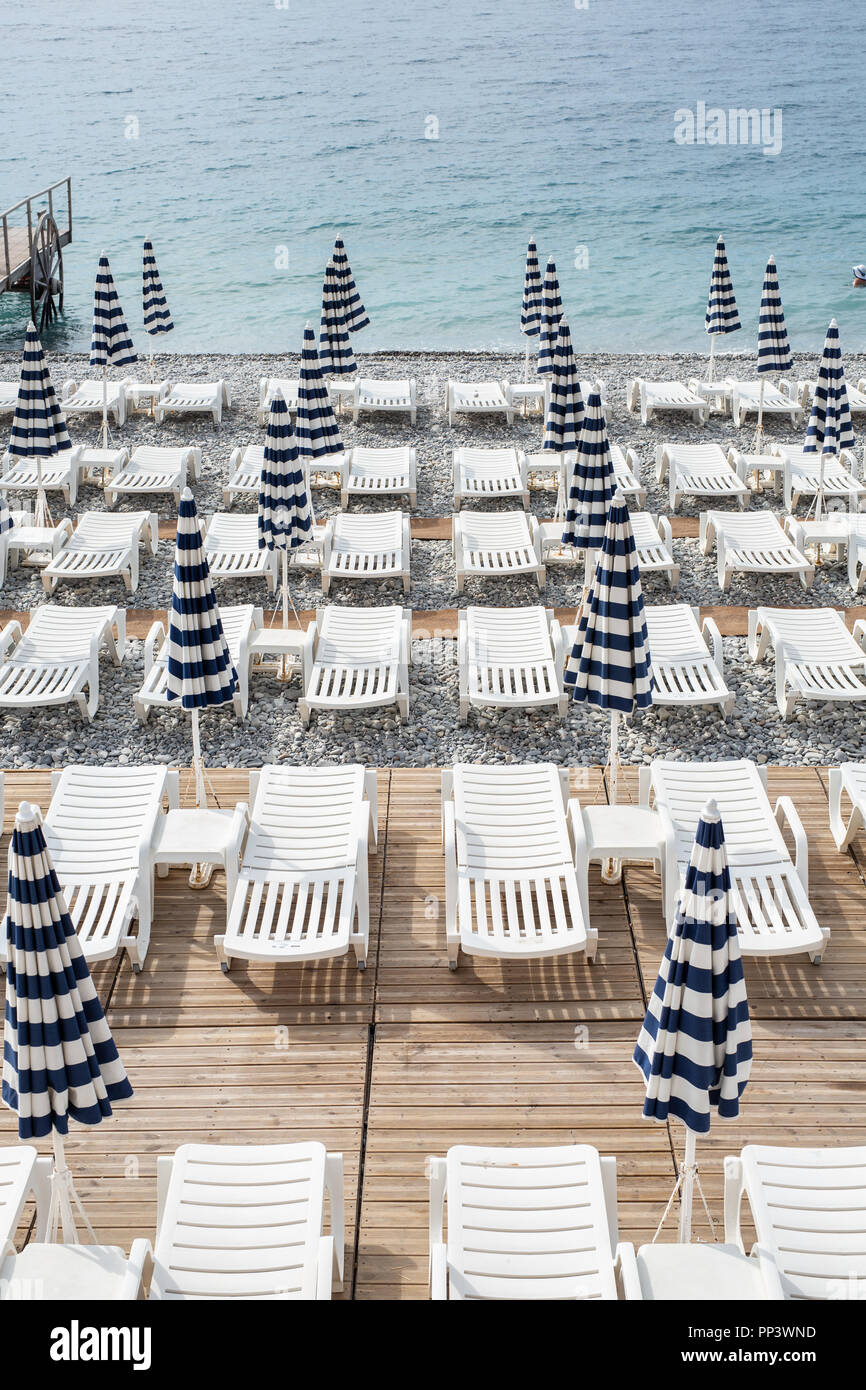 Beach beds in Nice, South of France. Stock Photo