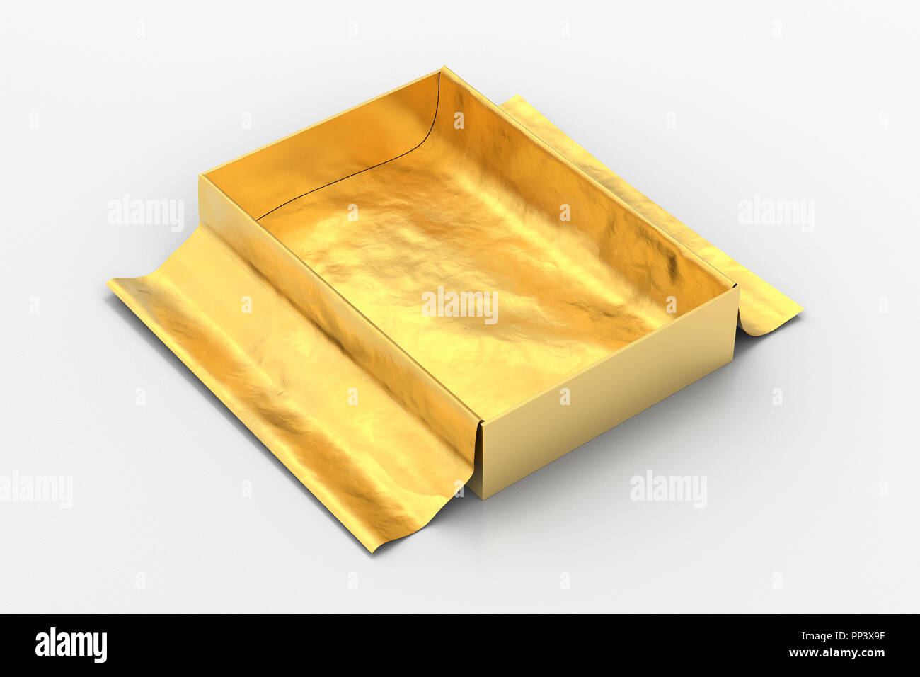 Golden gift box mockup on white background with unfolded golden wrapping  paper. Box is rectangular and flat. 3d illustration Stock Photo - Alamy