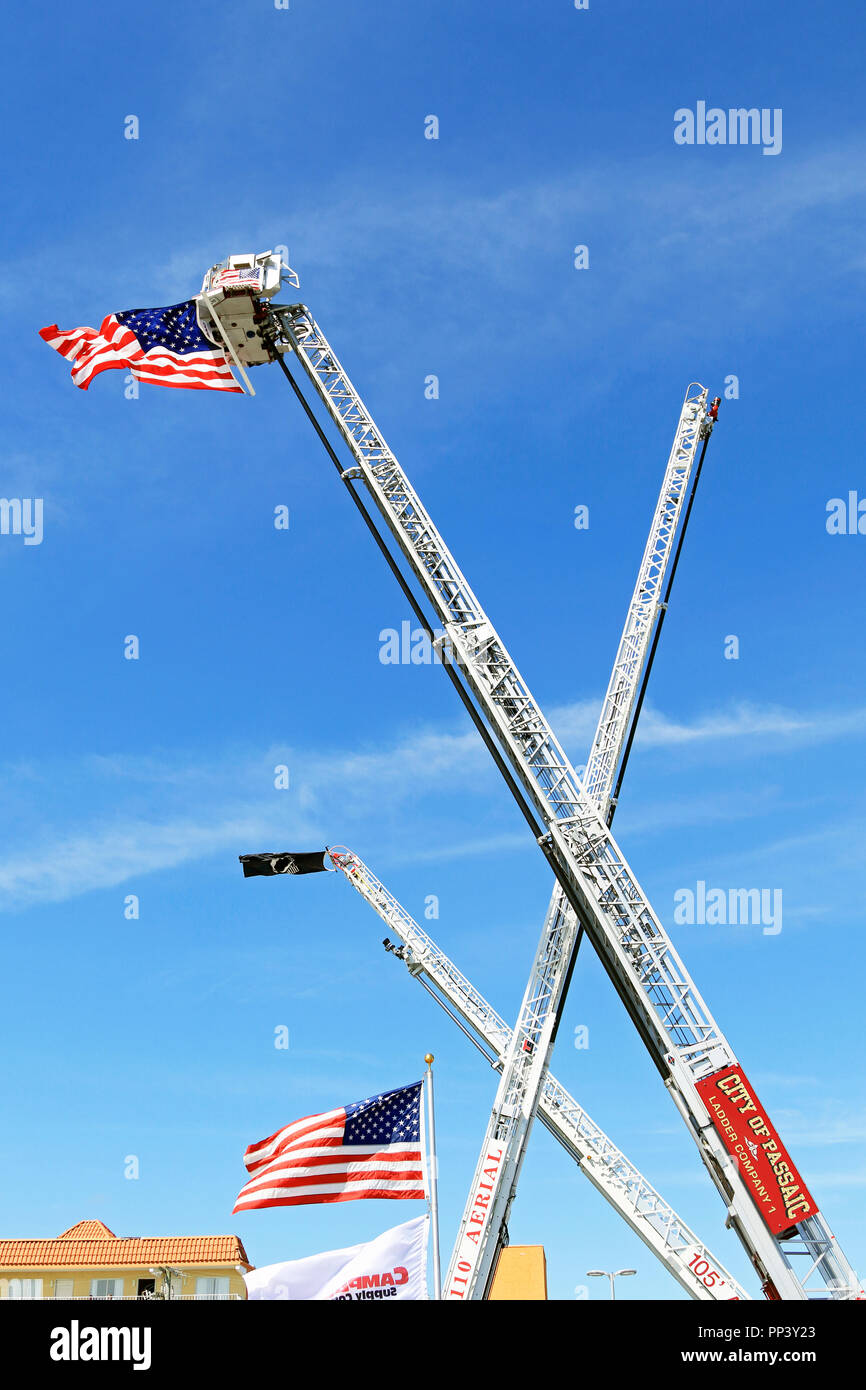 Ladder trucks posing at the 2018 New Jersey State Firemen's Convention, Wildwood, New Jersey, USA Stock Photo