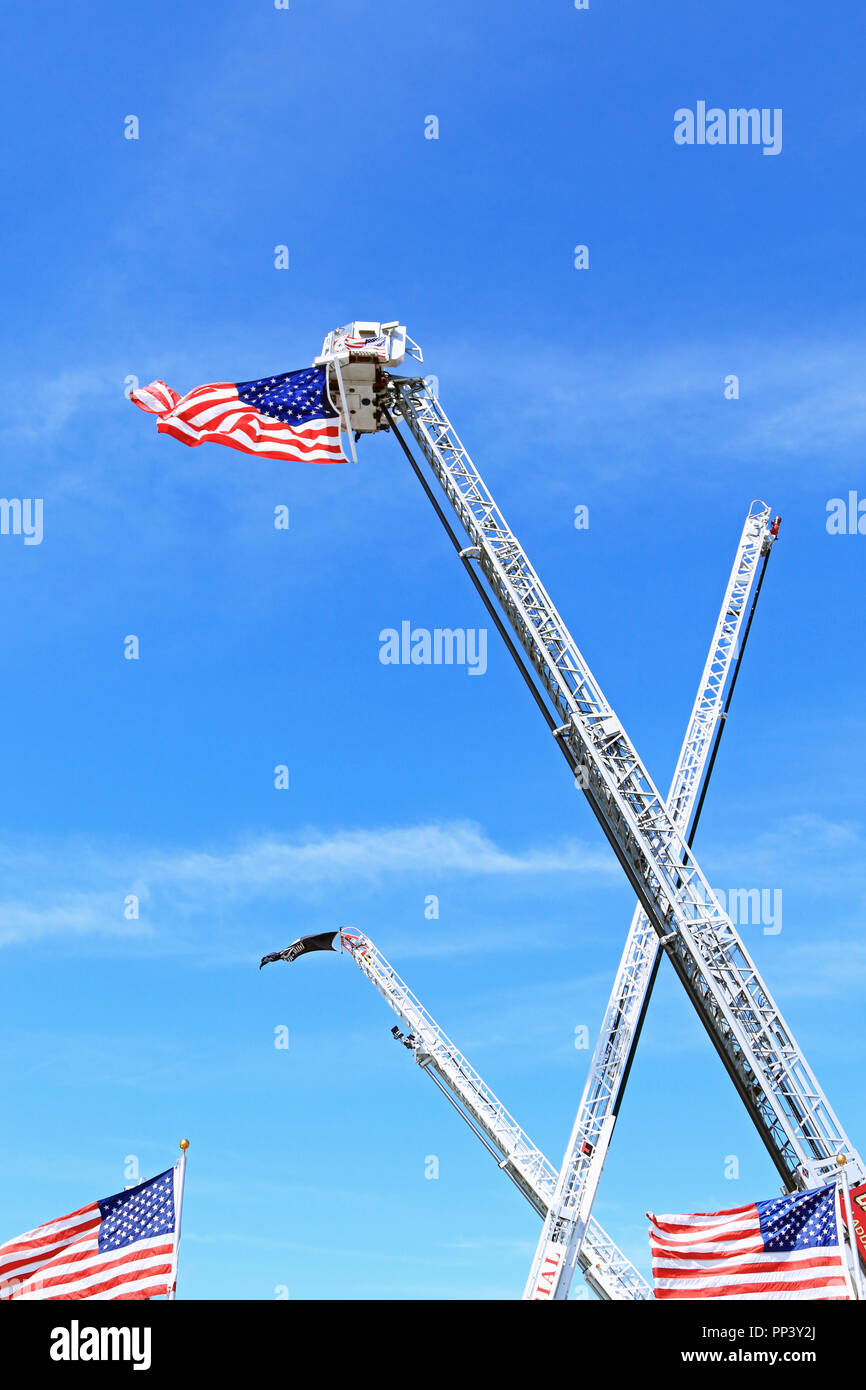 Ladder trucks posing at the 2018 New Jersey State Firemen's Convention, Wildwood, New Jersey, USA Stock Photo