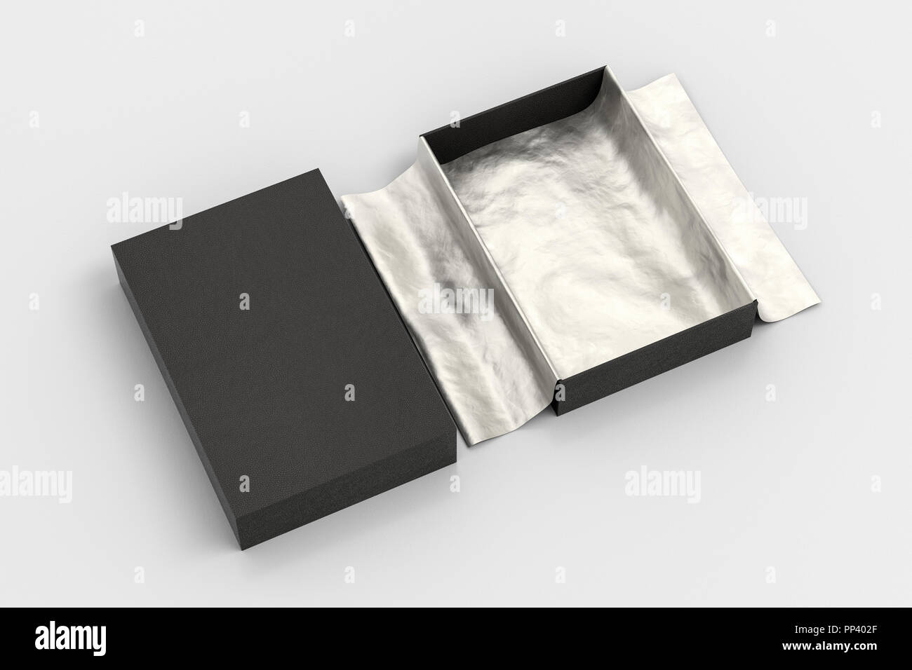 Download Black Open Gift Box Mockup On White Background With Unfolded Silver Wrapping Paper Box Is Rectangular And Flat Cover Of The Box Lies Next 3d Illust Stock Photo Alamy