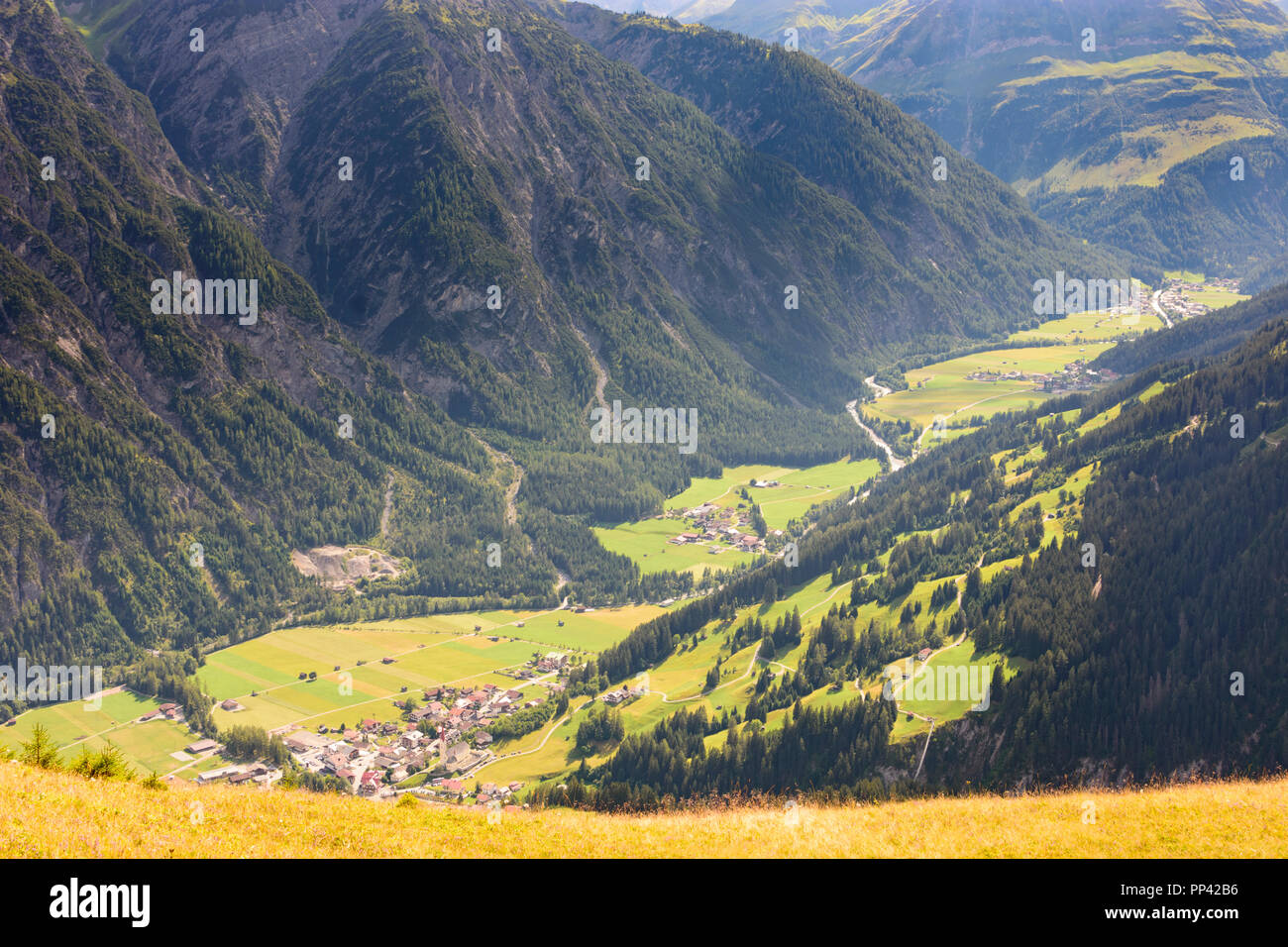 Holzgau: Lechtal (valley of river Lech) and village Holzgau, Lechtal Valley, Tirol, Tyrol, Austria Stock Photo