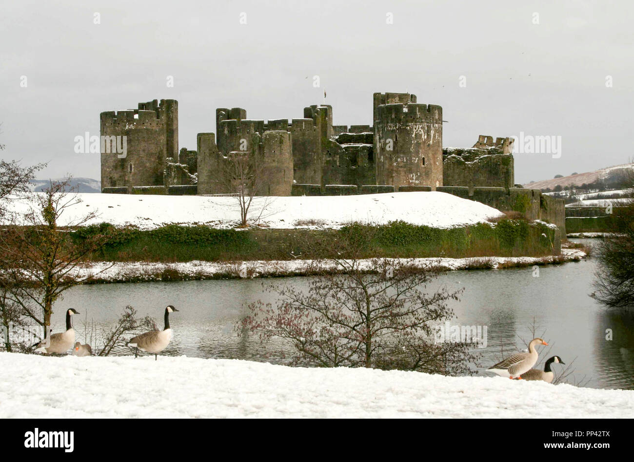 Caerphilly Castle in the snow Stock Photo