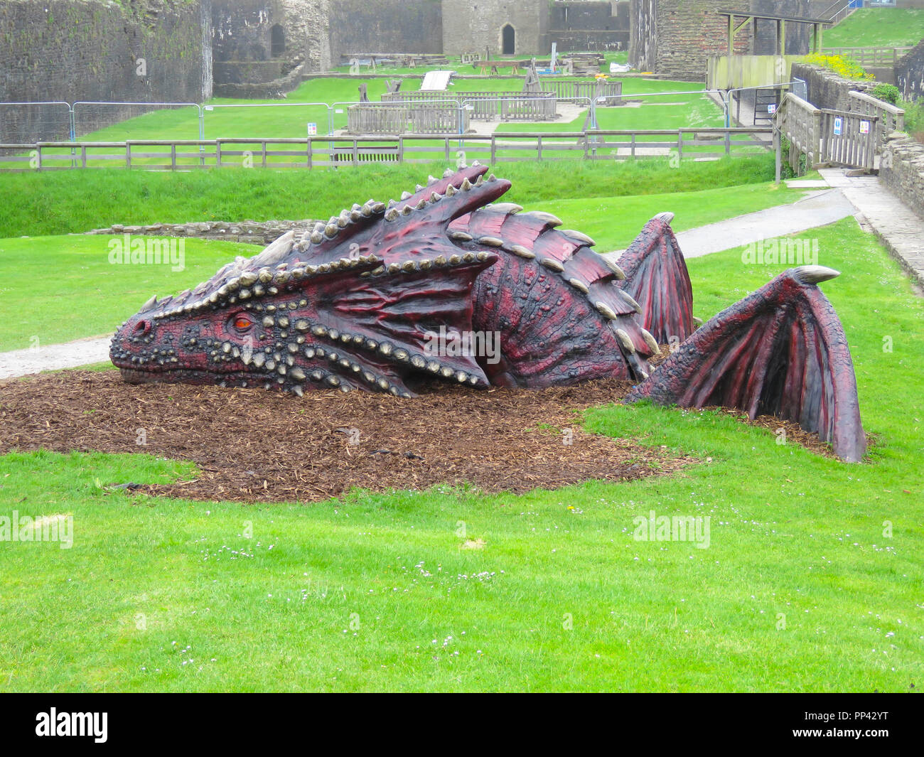 Very large realistic dragon in the grounds of Caerphilly Castle, South ...