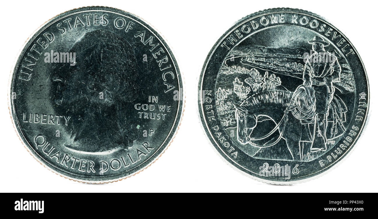United States Coin. Quarter Dollar 2016 P. Theodore Roosevelt. Stock Photo