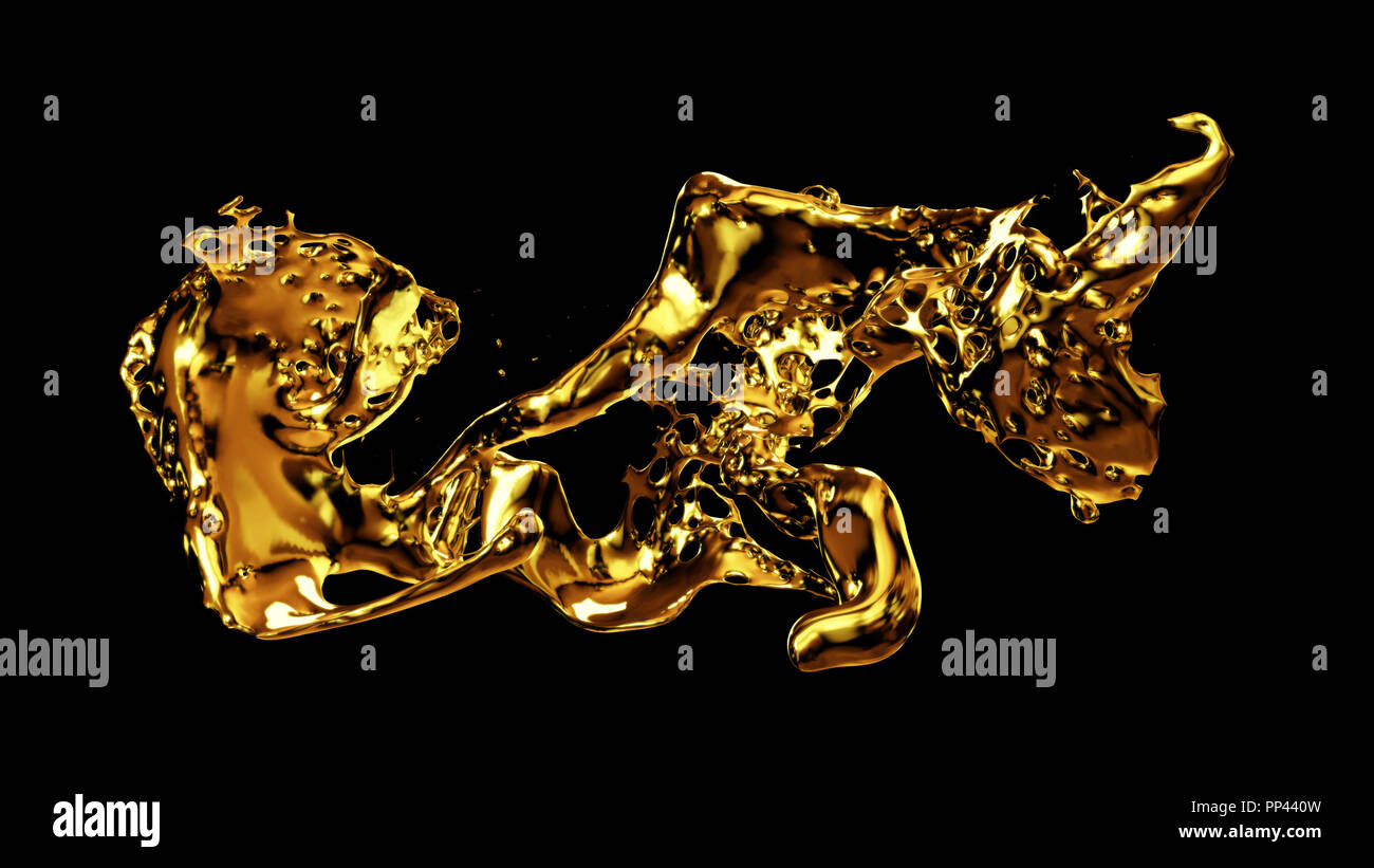 color paint splash, stream of gold dyed water (3d illustration isolated on empty black background) Stock Photo