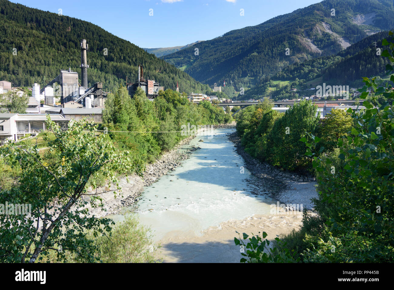 Landeck: confluence of river Sanna and Inn, view to Donau Chemie, TirolWest Region, Tirol, Tyrol, Austria Stock Photo