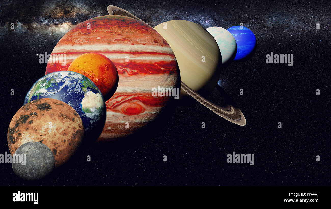 the planets of the solar system with the Milky Way galaxy in empty space Stock Photo