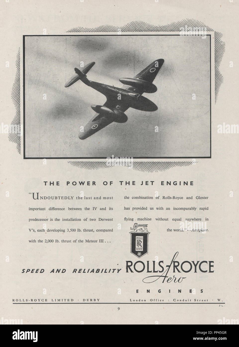 Vintage magazine advert for Rolls Royce aircraft jet engines dated January 1947 featuring a Gloster Meteor RAF fighter aircraft of the period Stock Photo