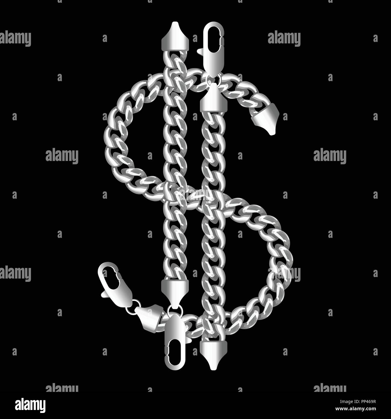 Silver american dollar money sign made of shiny thick golden chain. Stock Vector
