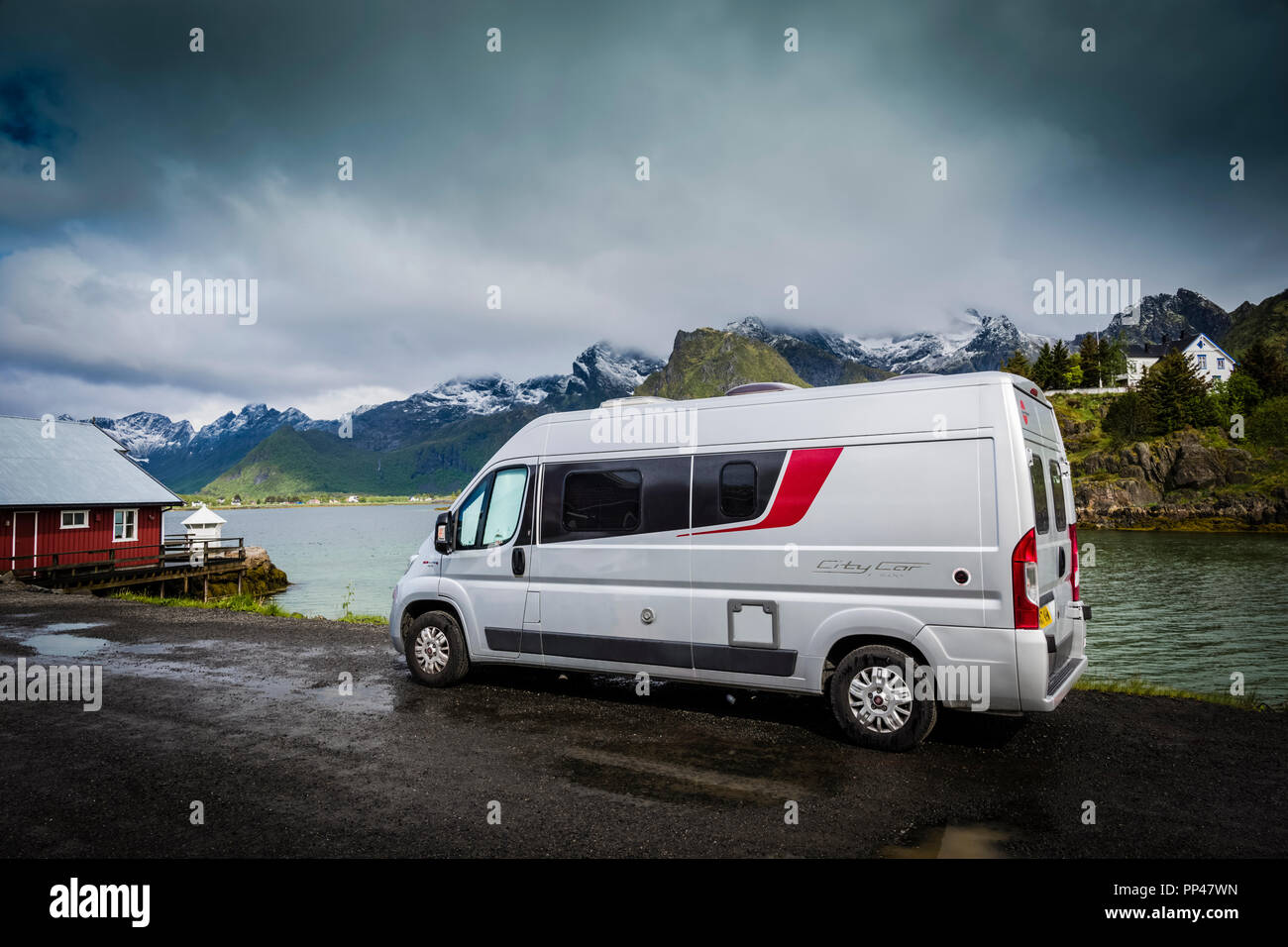 Burstner City Car parked up on a pitch in the Lofoten Islands, Norway Stock Photo