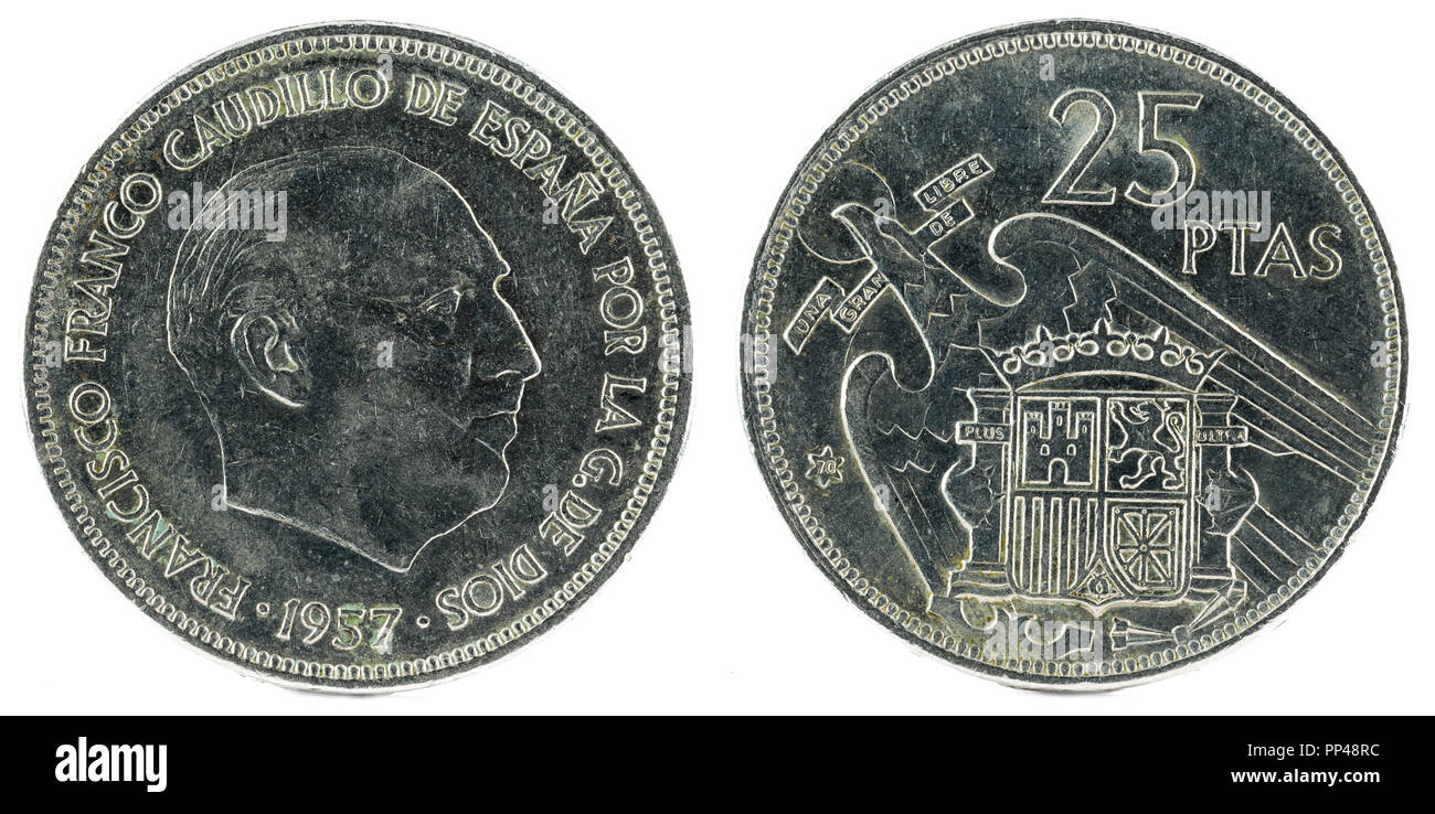 Old Spanish coin of 25 pesetas, Francisco Franco. Year 1957, 70 in the star. Stock Photo