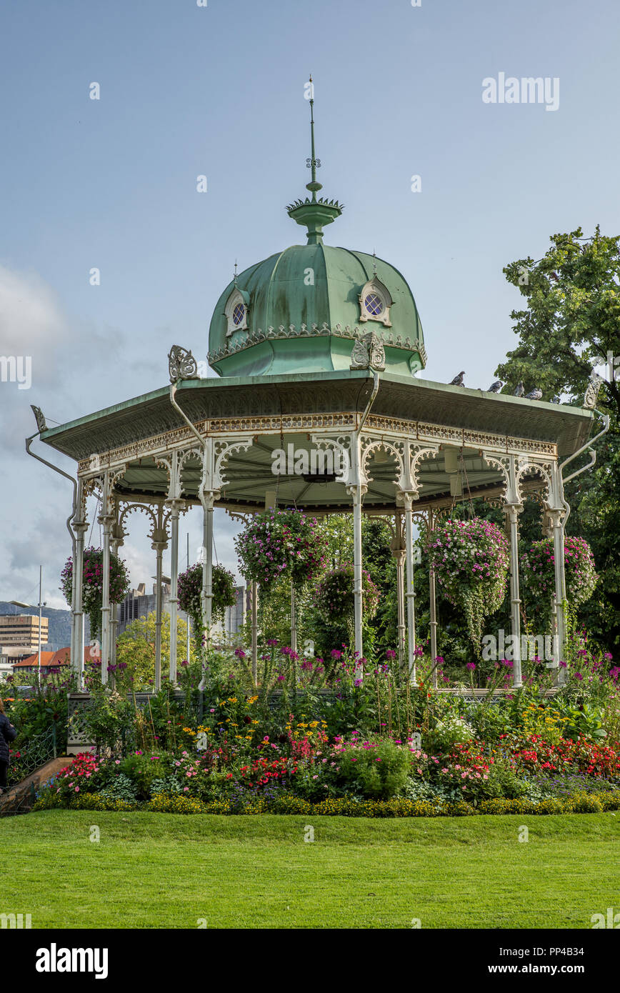 A gazebo covered in flowers in the center of Bergen in Norway in Autumn - 1 Stock Photo