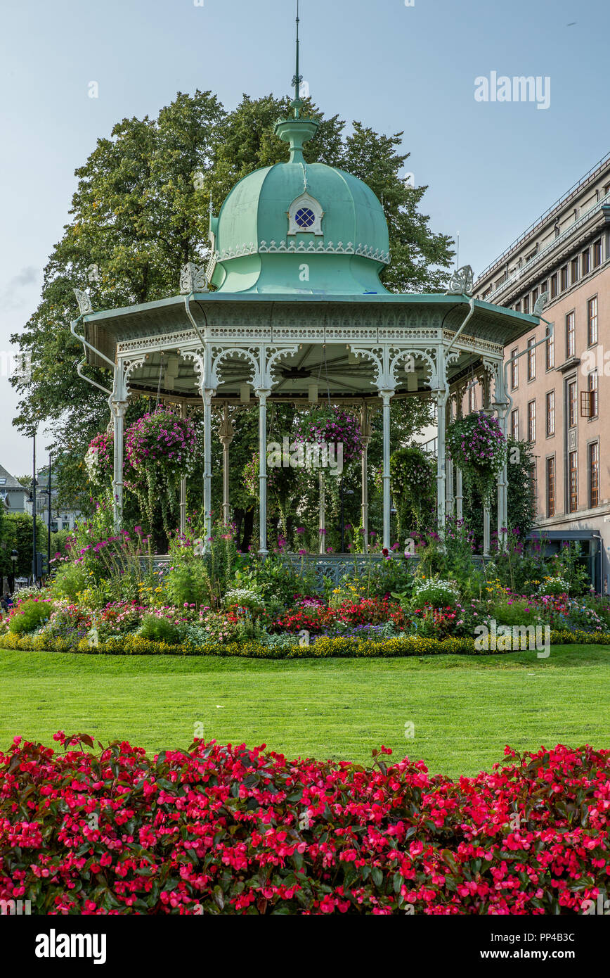 A gazebo covered in flowers in the center of Bergen in Norway in Autumn - 3 Stock Photo