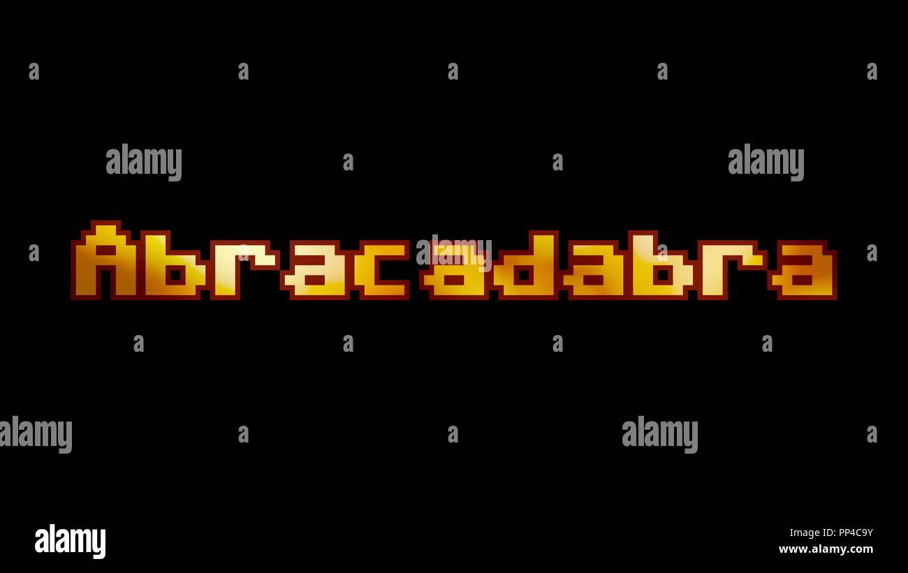 A clean 8-bit screen with the word Abracadabra. A fire glow inside the font. Stock Photo