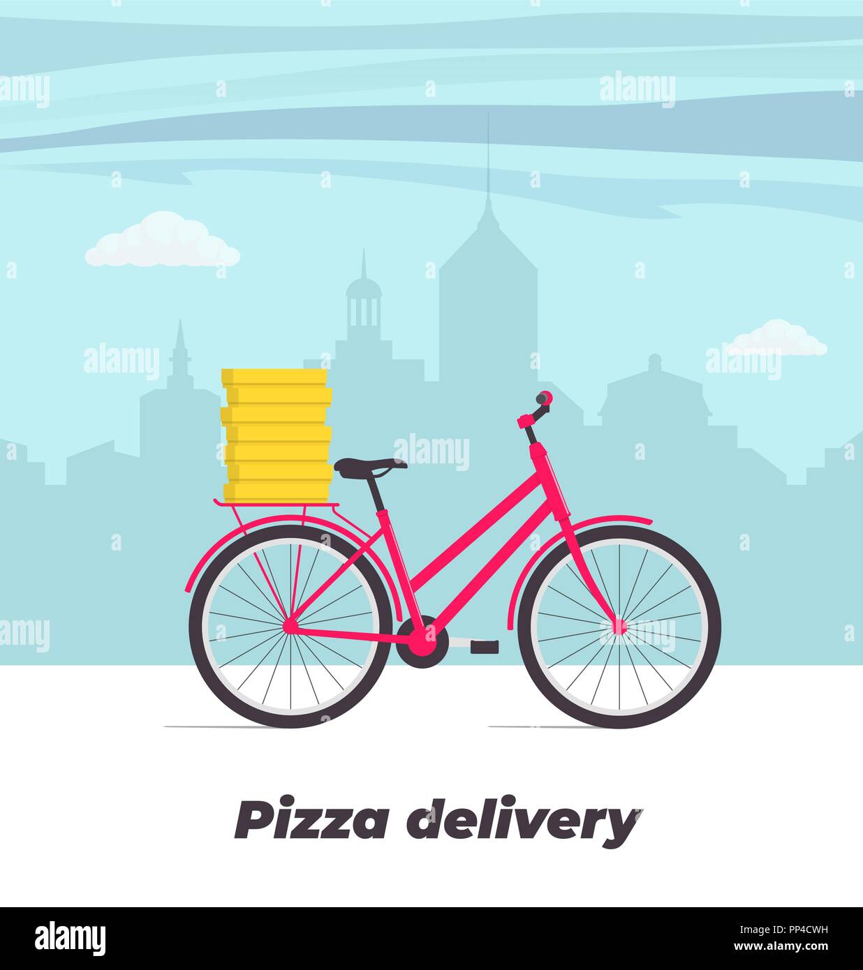 Pizza delivery service concept illustration. Bicycle with pizza boxes on the trunk. Big city on background. Vector flat illustration Stock Vector