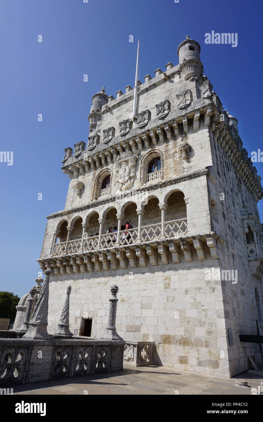 LISBON, PORTUGAL - August 30, 2018: Belém / Belem Tower. UNESCO World Heritage Site.  Main tower from interior courtyard against a deep blue sky on su Stock Photo