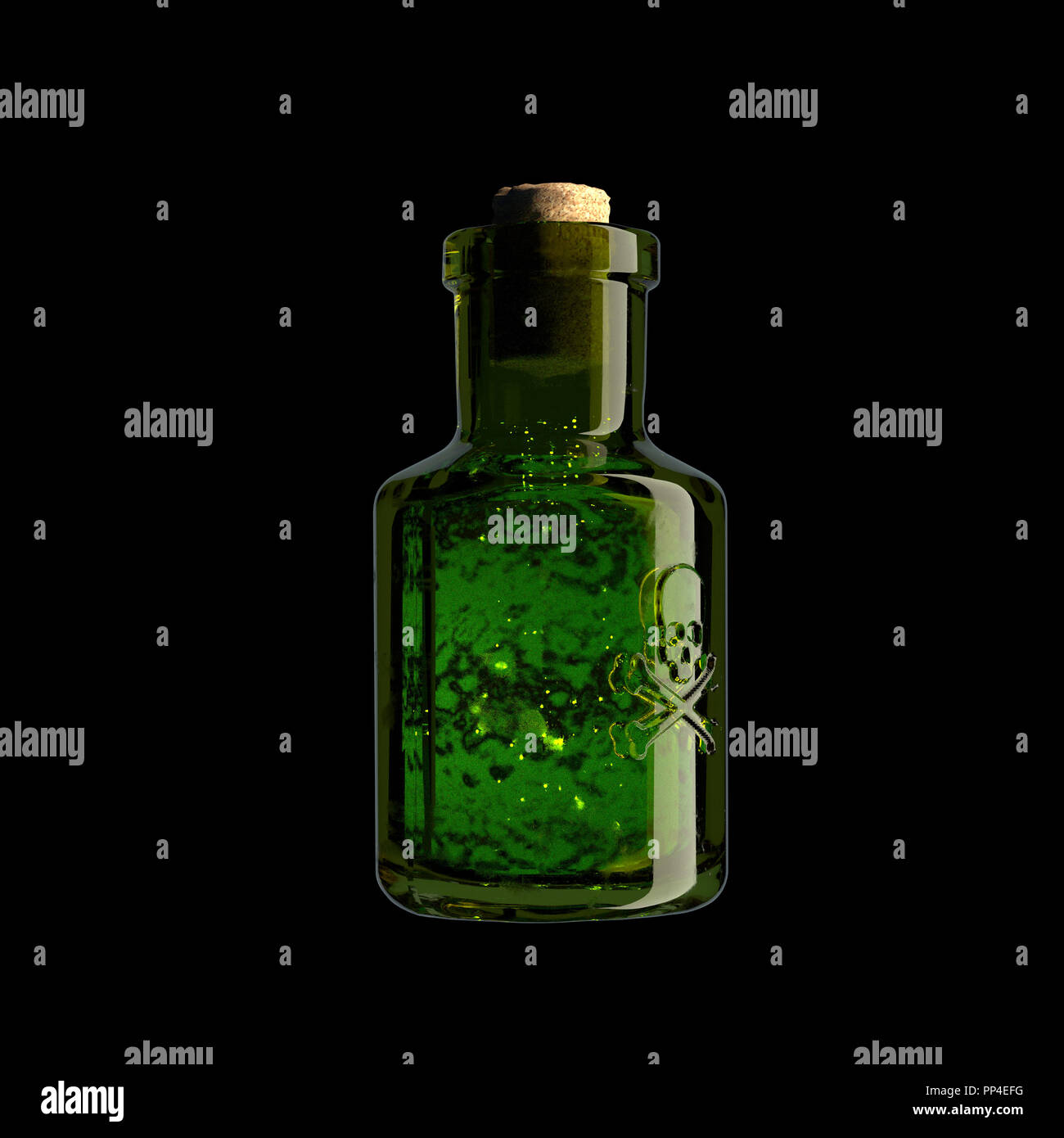 A glass vial with a skull and bones and a green substance inside