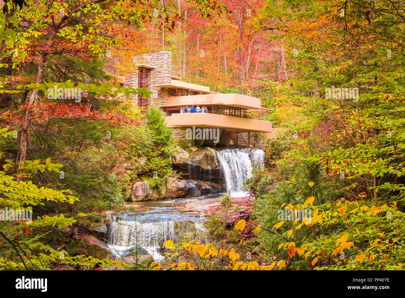 MILL RUN, PENNSYLVANIA, USA - OCTOBER 24, 2017: Fallingwater over Bear Run waterfall in the Laurel Highlands of the Allegheny Mountains. Stock Photo