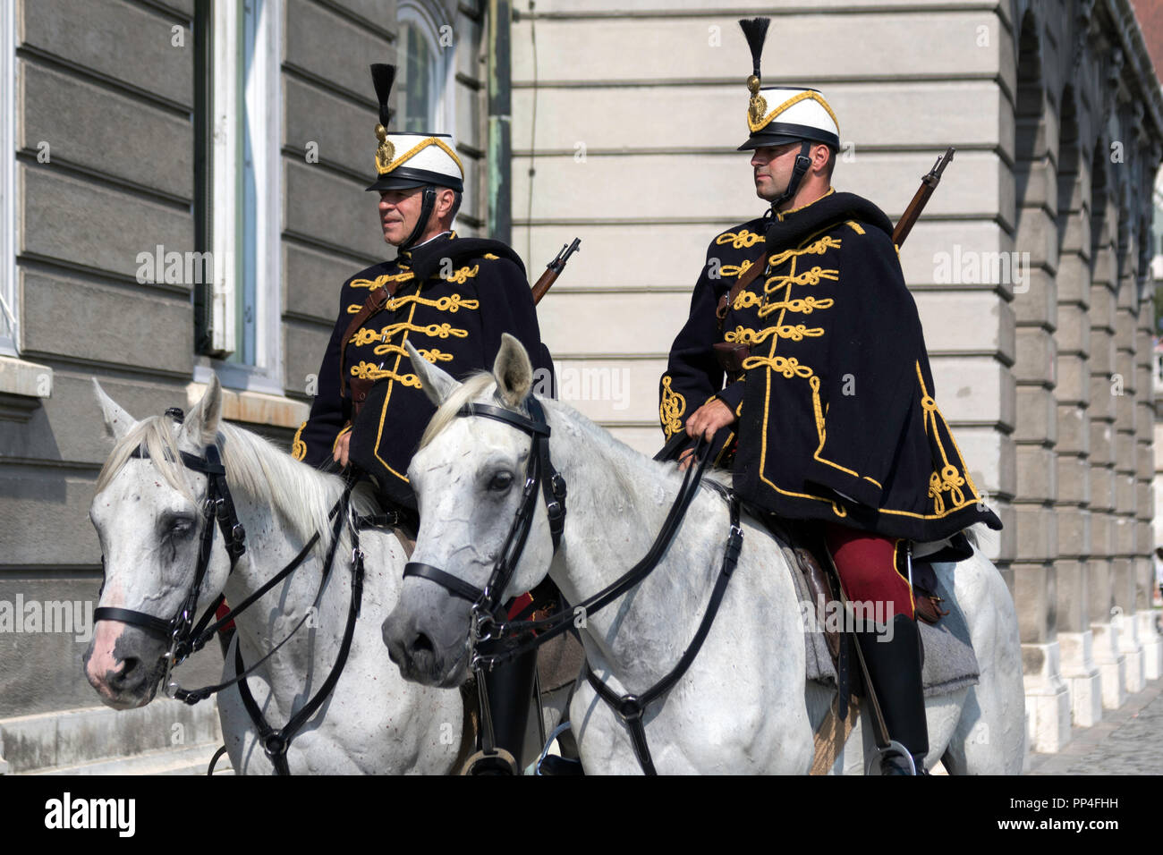 Hungarian Hussars on horseback on duty at Budapest's Castle Hill Stock