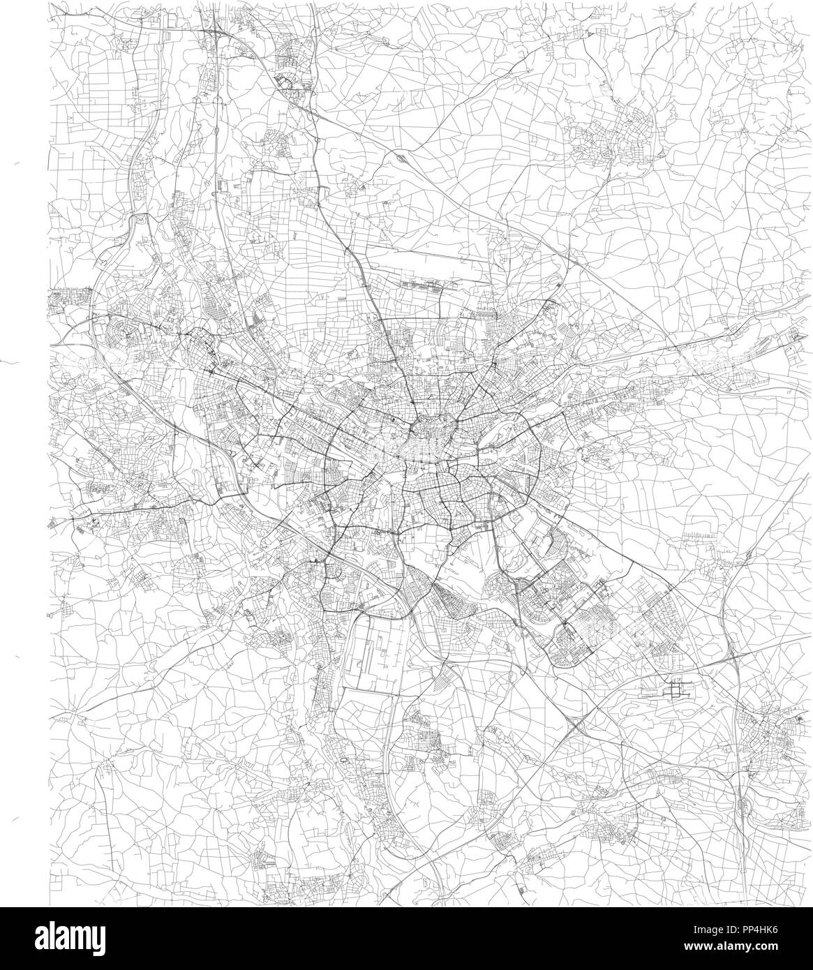 Nuremberg map, satellite view, black and white map. Street directory and city map. Germany Stock Vector