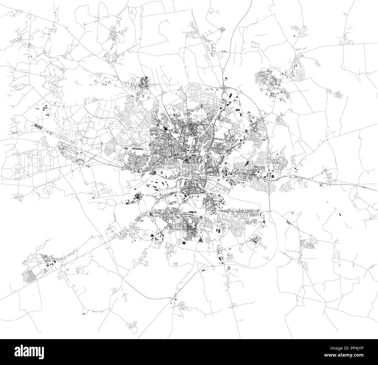 Map of Kaliningrad, satellite view, black and white map. Street directory and city map. Russia Stock Vector