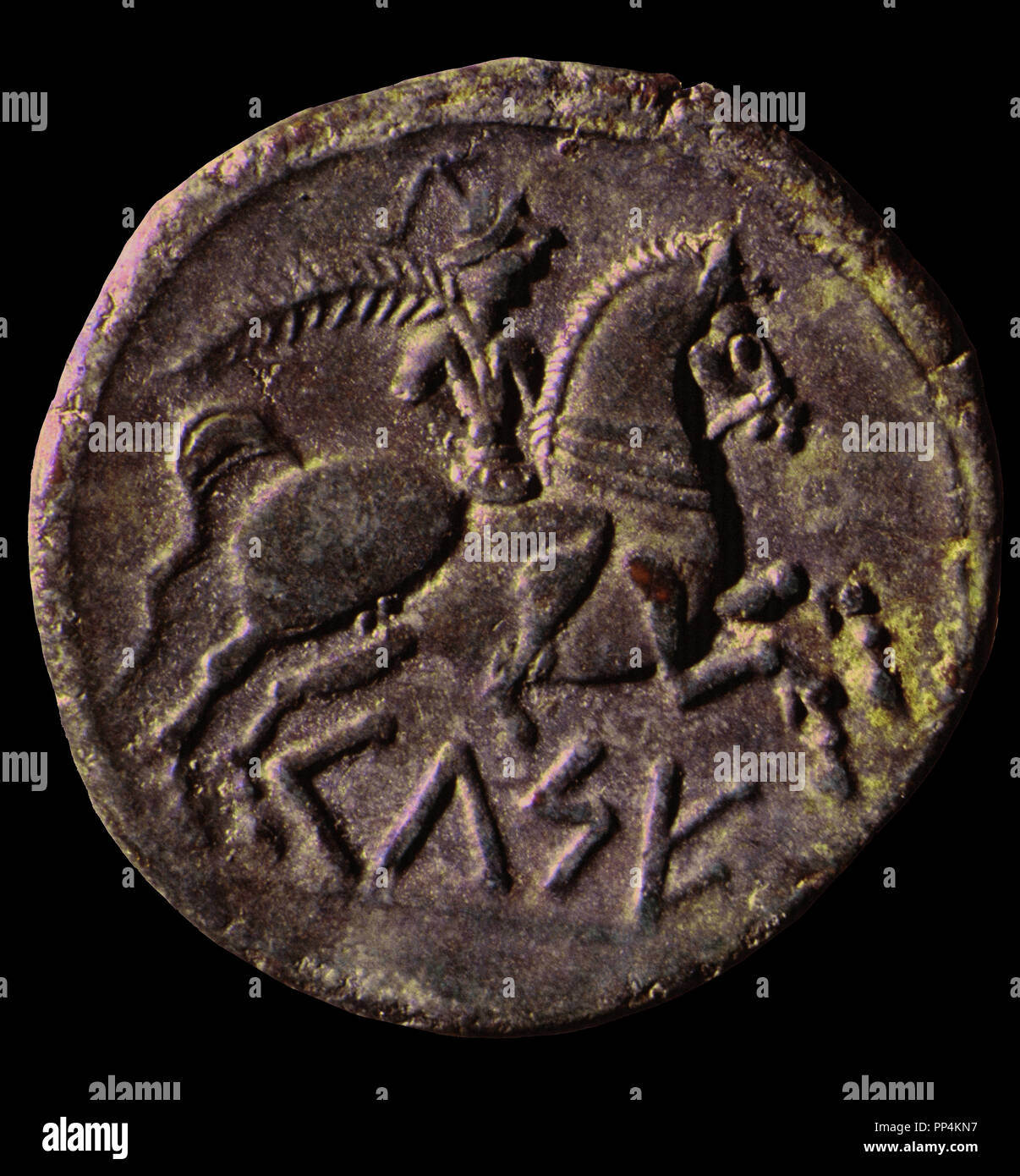 Iberic bronze coin. Detail of the reverse side of the 'Celce' (Velilla del Ebro). Barcelona, Numimastic Cabinet. Location: GABINETE NUMISMATICO. Barcelona. SPAIN. Stock Photo