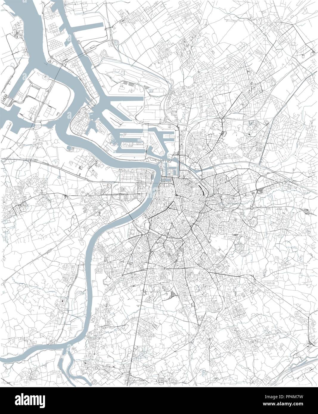 Map of Antwerp, satellite view, black and white map. Street directory and city map. Belgium Stock Vector
