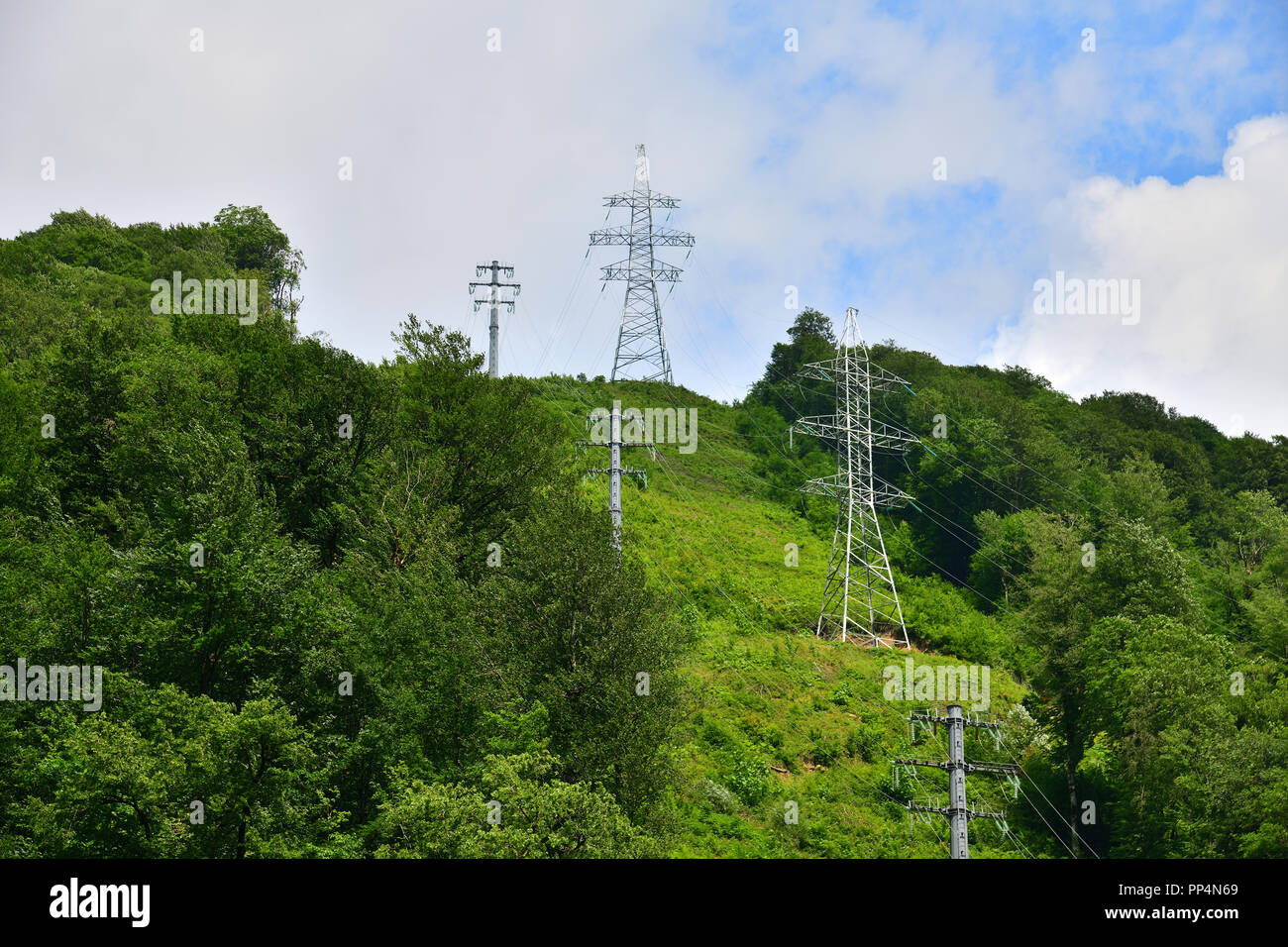 support of high-voltage transmission lines in the mountains Stock Photo ...