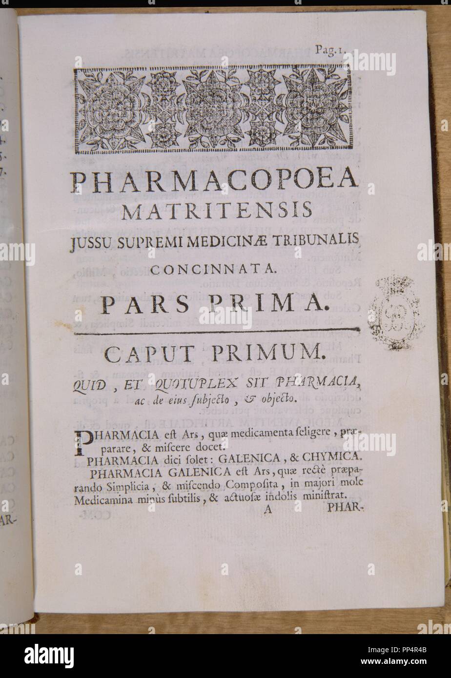 PHARMACOPOEA MATRITENSIS - 18TH CENTURY. Author: CERVI J. Location: BIBLIOTECA NACIONAL-COLECCION. MADRID. SPAIN. Stock Photo