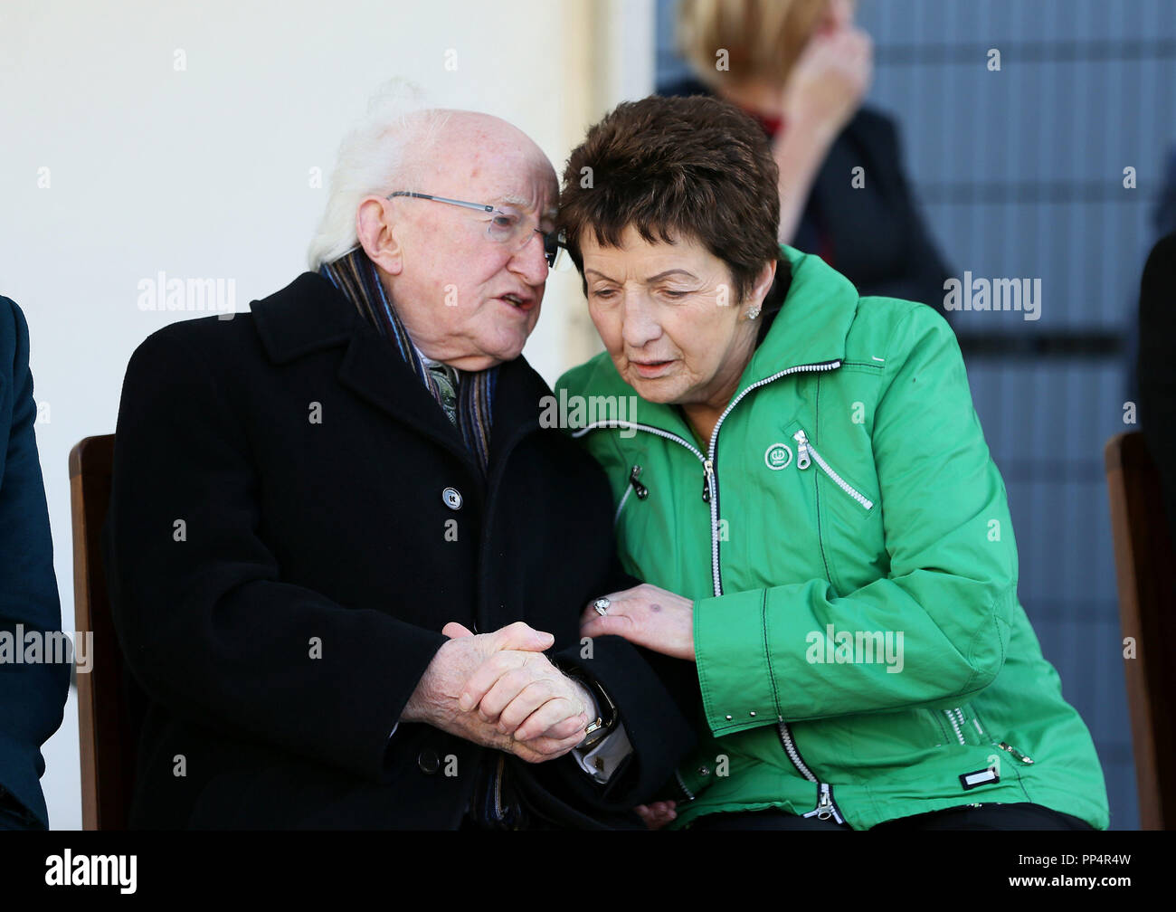 President Michael D Higgins with country singer Margo O'Donnell, sister of  Daniel O'Donnell, at the official unveiling of a statue of late country  singer Big Tom McBride in Castleblaney as the inaugural