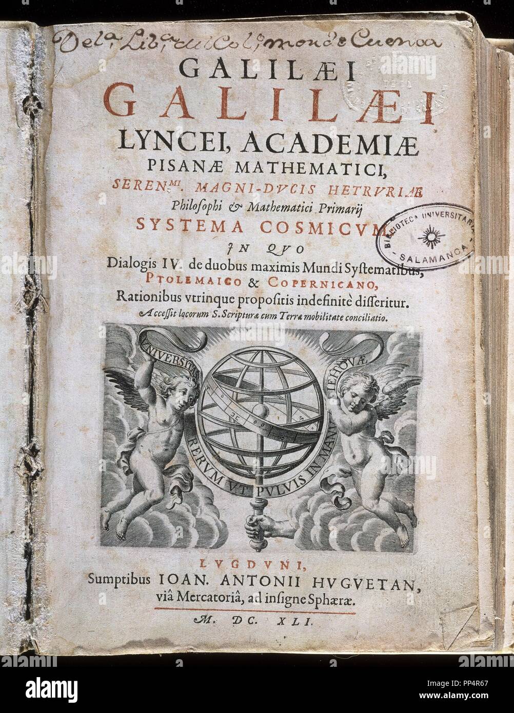 COSMIC SYSTEM-COVER-PRINTED IN 1641. Author: GALILEI, GALILEO. Location: UNIVERSIDAD BIBLIOTECA. SALAMANCA. SPAIN. Stock Photo