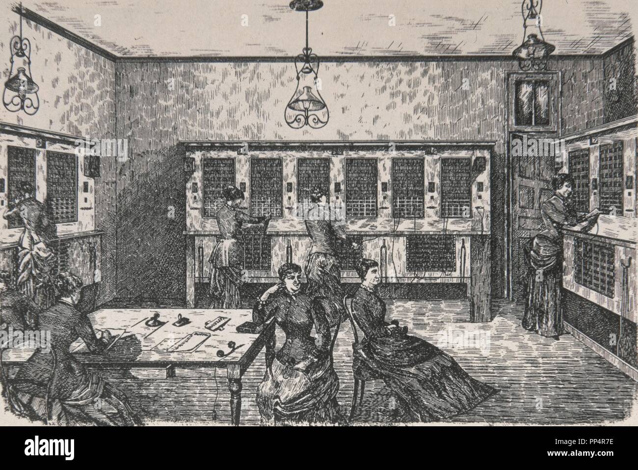 TELEPHONE EXCHANGE SYSTEM.American, 1879. Line drawing, late 19th