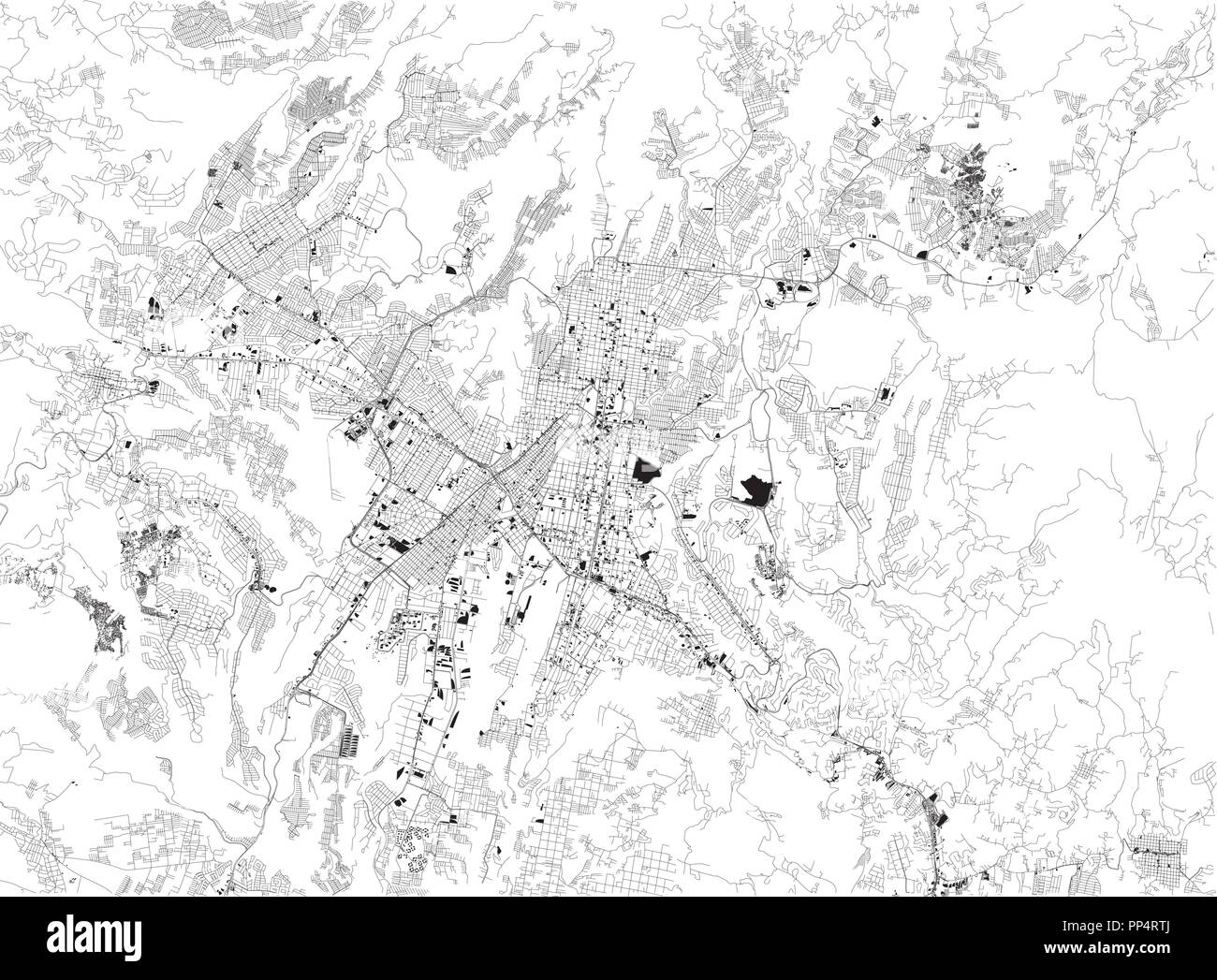 Map of Guatemala City, satellite view, black and white map. Street directory and city map. Guatemala Stock Vector