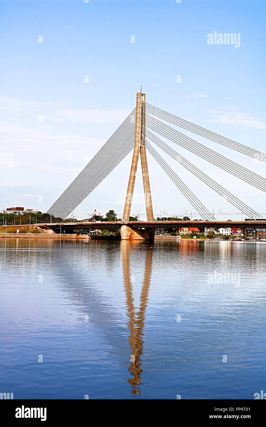 The Vansu Bridge in Riga is a cable-stayed bridge that crosses the Daugava river in Riga, Latvia Stock Photo
