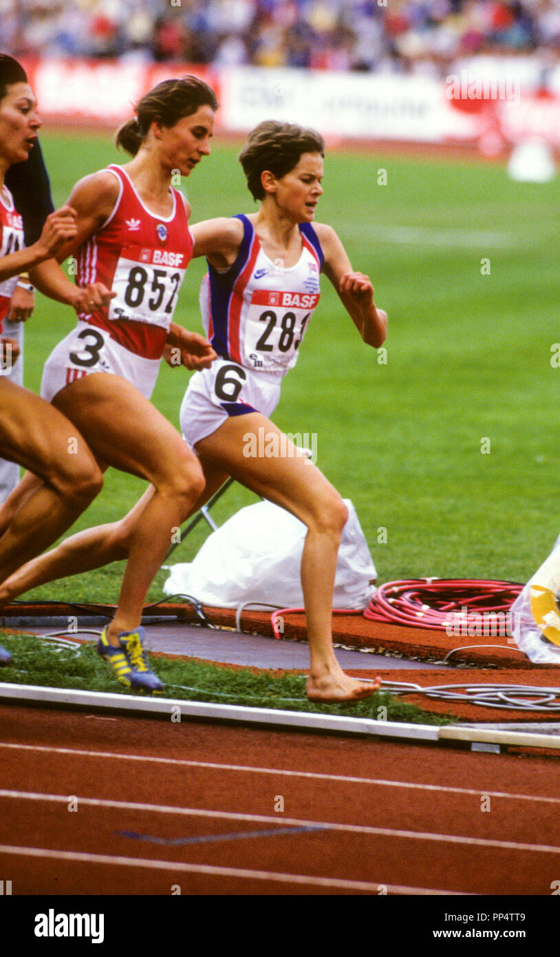ZOLA BUDD track and field athlete born in South Africa compete for Great Britain in European Championship in Stuttgart Germany leads the 3000m run Stock Photo