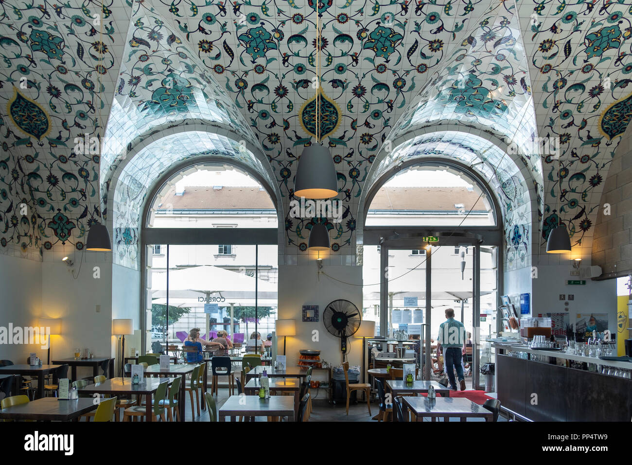 Cafe Una designed by Lacaton and Vassal, location :  Vienna - Museumsquartier, Austria Stock Photo