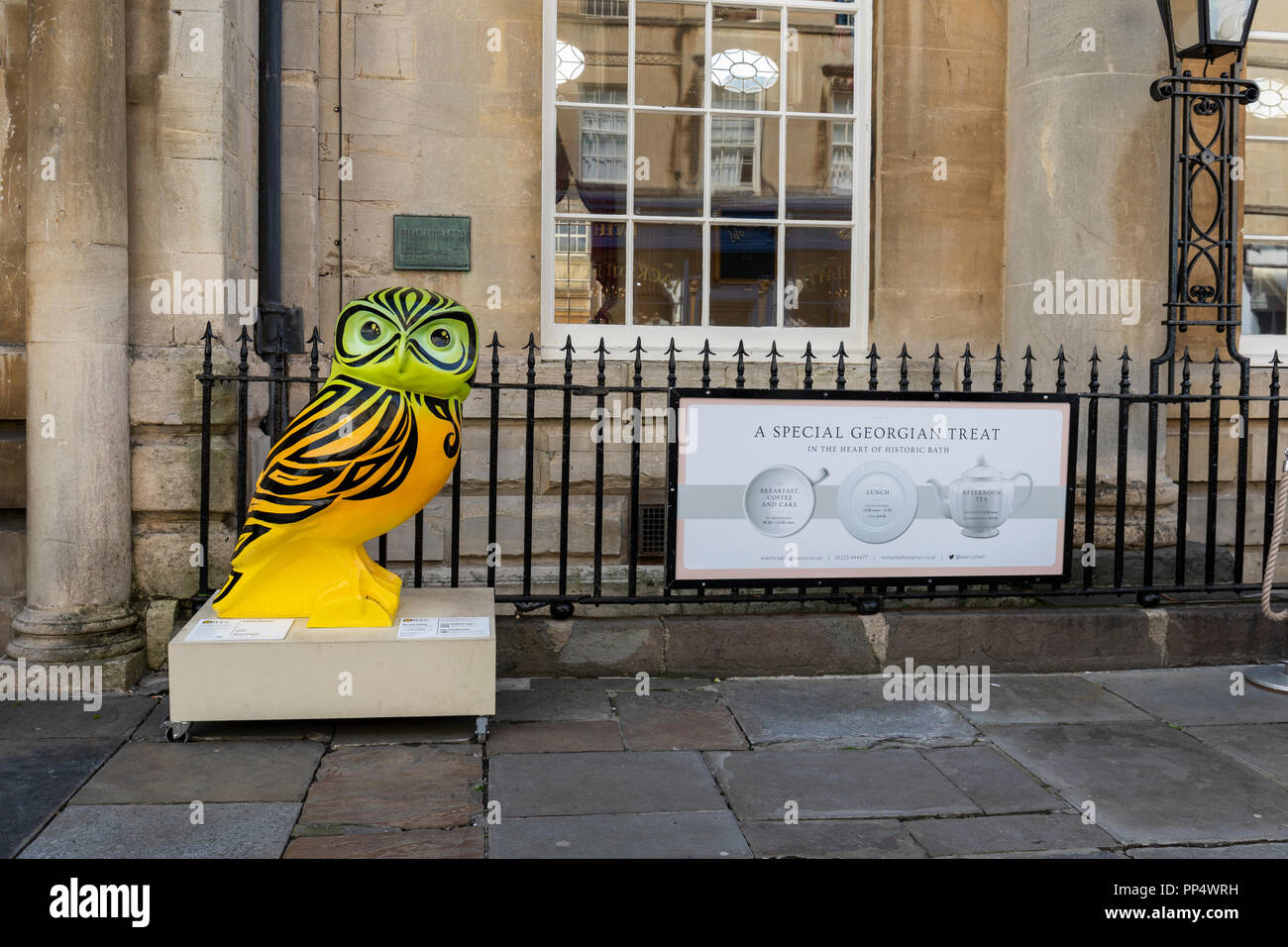 Clinkie Hoots from Minerva's Owls Bath Sculpture Trail outside The Roman Baths Pump Room in Bath, England Stock Photo