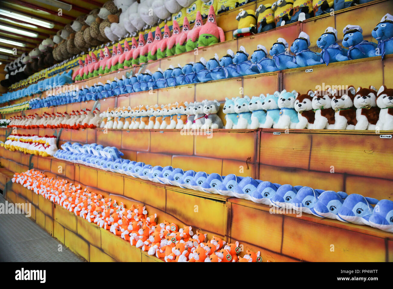 Soft toys for children on the counter of the store Stock Photo