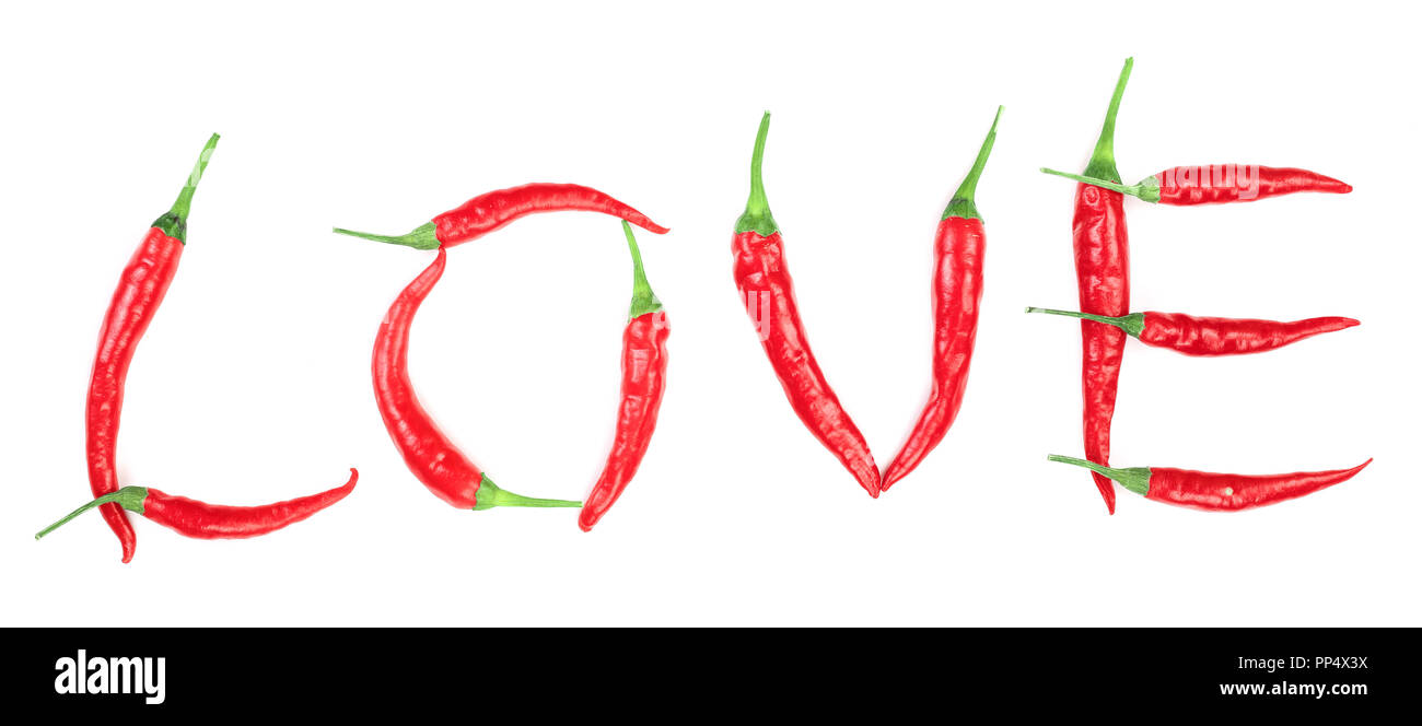Word love written from red hot pepper letters isolated on white background Stock Photo