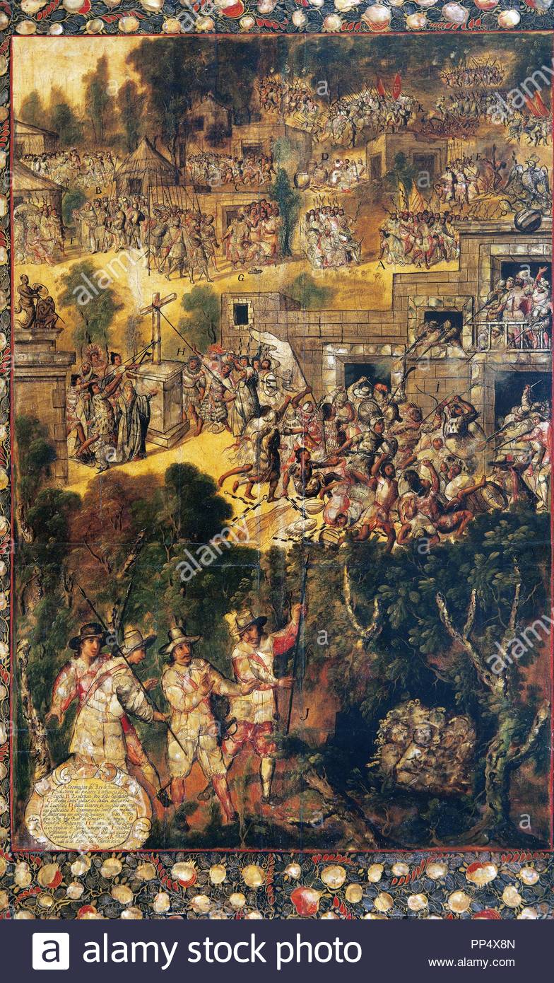 Conquest of Mexico. Anonimous table. 1676-1700. Spaniards finding the treasurer. Museum of America. Madrid. Spain.