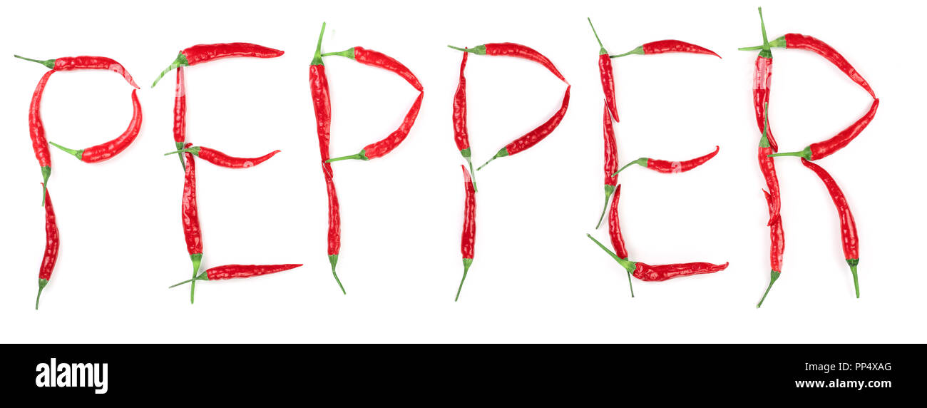 Word written from red hot pepper letters isolated on white background Stock Photo