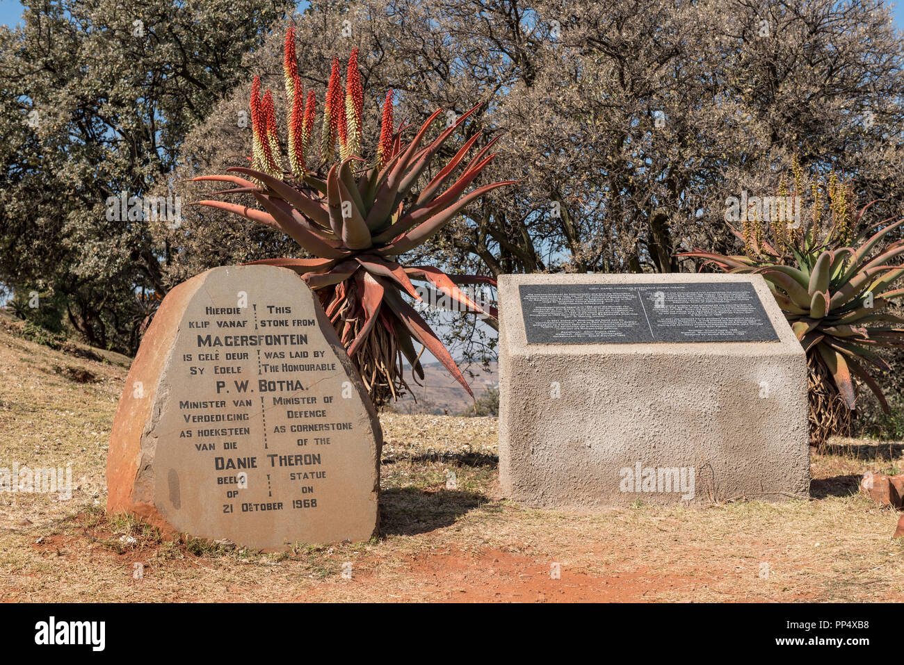 PRETORIA, SOUTH AFRICA, JULY 31, 2018: Information plaques and aloes at the Danie Theron monument at Fort Schanskop in Pretoria Stock Photo