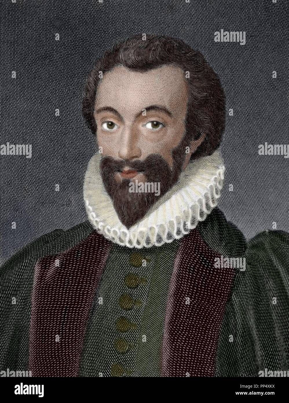 John Donne (1572- 1631) English poet, satirist, lawyer and a cleric in the Church of England. He is considered the pre-eminent representative of the metaphysical poets. Engraving by W. Bromley. Colored. Stock Photo