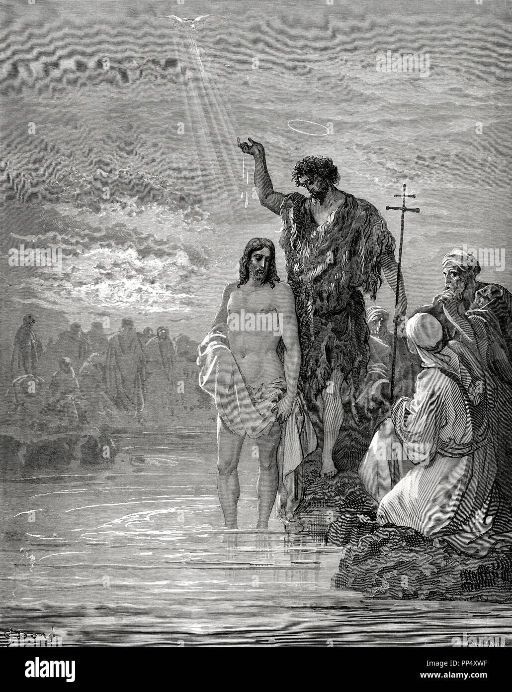 New Testament. Gospel of Matthew. Chapter III. Baptism of Jesus. Gustave Dore's drawing. Engraving by Ligny. Stock Photo